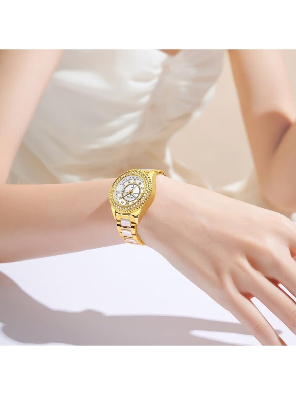 Olevs Women's White Dial Skeleton Diamond Gold Automatic Elegant Luxury Watch - Picture 4 of 6